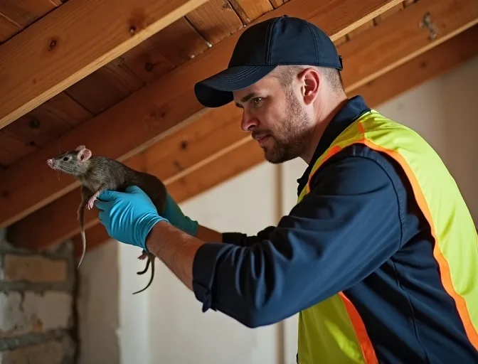 Technician inspecting a roof cavity for a dead rat in Strathmore Heights